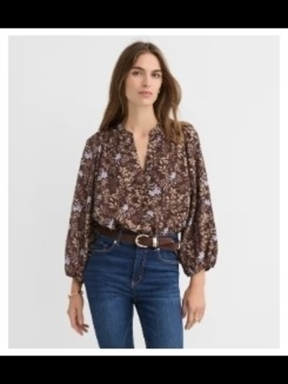 LOFT Brown Floral Peasant Blouse with Lavender Accents